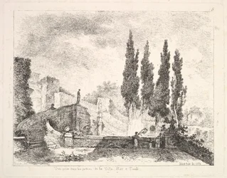 Utsikt over hagene ved Villa dEste i Tivoli, Kypros-trærne til høyre, en trapp som fører..., 1764.