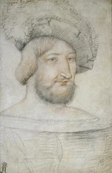 Portrett av Frans I (1494-1547), konge av Frankrike par Clouet, Jean (ca. 1485-1541). Svart kritt og sangvin på papir, størrelse: 29,3x19,1, første halvdel av 1500-tallet, State Hermitage, St. Petersburg