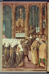 Nouv Acqu Fr 24920 fol.24v Priam før graven til Hector i Apollon-tempelet, fra 'History of the Destruction of Troy', ca.1500