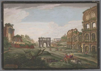 Utsikt over ruinene av Konstantinbuen og Colosseum i Roma Rome ancienne (tittel på objekt)