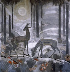 Two Deer in a Forest, ca. 1929 (lakkert trepanel)