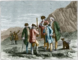 Florin Perier measuring the height of the Barometer (mercury tube) of Evangelista Torricelli or Toricelli during the experiment on the gravity of the air of Blaise Pascal, at the top of the Puy de Dome (1648). Engraving by Yan Dargent.