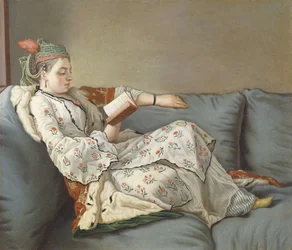 La Sultane Lisant", En dame i tyrkisk kostyme som leser på en divan,