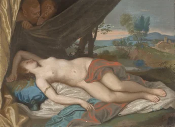 Sovende nymfe iakttatt av satyrer, basert på et maleri etter et trykk etter Anthony van Dyck