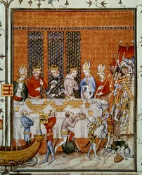 Bankett tilbudt av kong Charles V av Frankrike (1338-1380) på Palace of the Cite til ære for keiser Charles IV (1316-1378) og Wencesla IV (1363-1419) kongen av Boheme. Miniatyr fra «Great Chronicles of France» av Jean Fouquet (1420-1481), Paris, B.N.