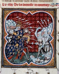 Slaget ved Kortrijk mellom Filip IV the Bel (1268-1314) og det flamske såkalte slaget ved Golden Spurs 11/07/1302 Miniatyr hentet fra "" Les grandes chronicles de France"" av Jean Fouquet (1420-1481) 1400-tallet . Paris, B.N.