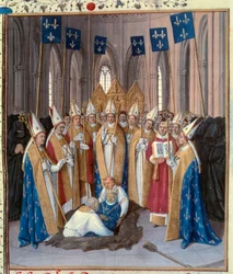 Begravelse av kong Filip IV the Bel (1268-1314) ved Basilica Saint Denis Miniature hentet fra "The Chronicles of Saint Denis"" av Jean Fouquet (1420-1481) 1400-tallet. Paris, B.N.