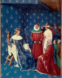 Karl V (1338-1380) mottok ambassadørene til Karl IV (1316-1378), keiser av Det hellige germanske rike i 1377. Miniatyr fra et manuskript av Jean Fouquet (1420-1481)