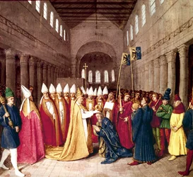 Kroningen av keiser Charlemagne den 25. desember 800 i Roma av pave Leo III, belysning fra "Les Grandes Chroniques de France" av Jean Fouquet, ca. 1455-1460