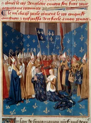 Kroningen av Ludvig VIII (1187-1226) og Blanka av Castilla (1188-1252) i Reims i 1224. Miniatyr fra manuskriptet «Grandes Chroniques de France» av Jean Fouquet (1420-1481), 15. århundre. Paris, B.N.