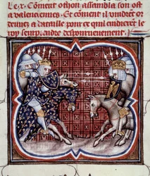 Fransk-engelsk krig (1202-1214): slaget ved Bouvines 27.07.1214 mellom den franske hæren til Philippe Auguste og flamske og velver fra Othon IV. Den franske seieren var avgjørende for krigens utfall. Miniatyr fra "Great Chronicles of France" b