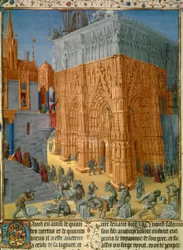 Kong Salomos bygging av Jerusalem-tempelet. Kongen følger byggingen fra balkongen på palasset sitt. Miniatyr fra manuskriptet «Jødiske oldtider» av Flavius Josefus (Giuseppe Flavio, Flavius Josephe) (37-100), illustrert av Jea
