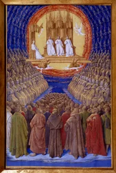 Den hellige treenighet, stemmeretten til de hellige miniatyr i "" The Hours of Etienne Chevalier"" av Jean Fouquet (1420-1481)