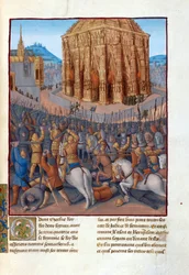 Le siege de Jerusalem par le roi de Babylone Nebuchadnezzar II (604-562 før JC) - Beleiring av Jerusalem av Nebukadnesar II. Illustrasjon i Flavius ​​​​Josephus "Antiquities of the Jews" (Antiquitatum Judaicarum) av Fouquet, Jean (1420-1481). Gouache på pa