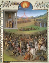 Fr 247 f.70 Hebreernes kamp mot kanaanittene og tuktelsen av Korah og opprørerne, illustrasjon fra 'Antiquites Judaiques', ca. 1470