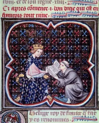 Primat presenterer teksten til de store kronikkene i Frankrike for Filip III (1245-1285). Miniatyr fra manuskriptet av Jean Fouquet (1420 - 1481) "" Grandes Chronicles de France"". Paris. B N