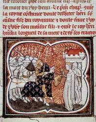 Dronning Constance av Arles (986-1032) overgir seg til sønnen Henry I, konge av Frankrike (1008-1060) Miniatyr fra "" Les grandes chronicles de France"" av Jean Fouquet (1420-1481) 1400-tallets Paris, B.N.