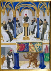 Representasjon av Saint Bernard av Clairvaux (San Bernardo di Chiaravalle) (1090-1153) lærer og telt av djevelen Miniatyr hentet fra "The Book of Hours of Etienne Chevalier" av Jean Fouquet (1420-1477/1481)