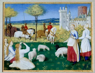 Saint Margarita av Antiokia (3. århundre) og Olibrius også kjent som Margarita som holder sauene Episode av Legende Doree of James (Jacobus) av Voragine (1228-1298). Prefet Olibrius blir plutselig forelsket i- Margarita, en ung hyrde som er opptatt med å s