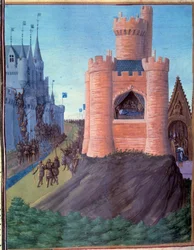 Beleiringen av Avignon (1226). Ludvig VIIIs død. Kroningen av den hellige Ludvig (Ludvig IX). Miniatyr i "Grandes Chroniques de France" (251v)
