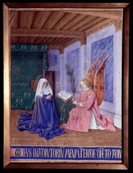 The Hours of the Virgin: The Second Annunciation Miniature i "The Hours of Etienne Chevalier" av Jean Fouquet (1420-1481)