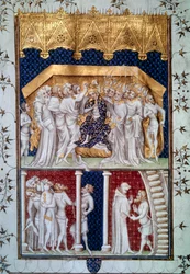 Kroningen av Karl VI (1368-1422) ved Frankrikes pairer den 16/09/1380. Miniatyr fra "Grandes Chroniques de France", 15. århundre, Paris, Bibliothèque nationale