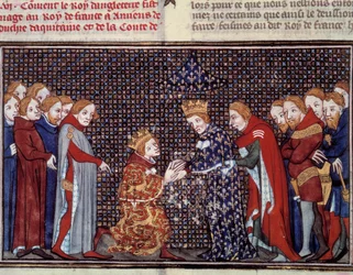 Hyllesten av kong Edvard III av England (1312-1377) til Filip VI av Valois (1294-1350), konge av Frankrike, i 1330. Miniatyr fra «Les grandes chronicles de france» av Jean Fouquet (1420-1481)