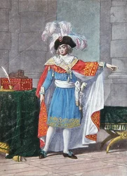 Et av de fem medlemmene av Executive Directory for Directoire-perioden (1795-99) i formell drakt (farget gravering)