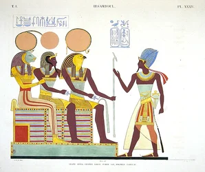Freske fra Ibsambul som viser Ramesses II vendt mot (l til r) Sekhmet, muligens en guddommeliggjøring av Ramesses II og Re-horakhty