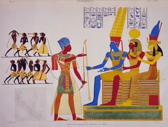 Ramesses II før triaden, freskomaleri fra østveggen til den store salen til Abu Simbel, fra monumentene i Egypt og Nubia