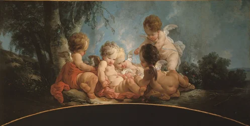 Gruppe på fem kjærligheter som leker med duer, ca. 1761 (dørtopp)