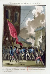 Marki Bernard René Jordan de Launay (1740-89), guvernør for Bastillen, ført til Hôtel de Ville 14. juli 1789
