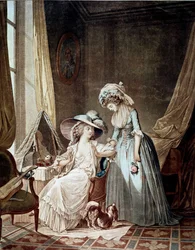 Den vanskelige tilståelsen. En tjener som hører hennes elskerinne. Trykk av Jean Francois Janinet (1752-1814)