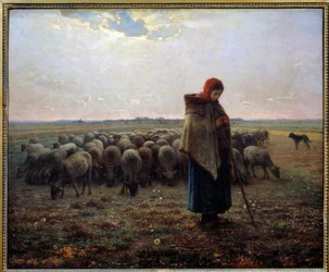 Bergere og sauene hans kalte den store hyrden. Maleri av Jean Francois Millet (1814-1875)