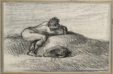 Mann på huk på en bakke, 1848 - 1850 (svart fargestift på off-white papir, lagt ned på lyseblått papir kantet med tre gulllinjer)
