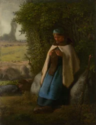 Gjeterinne sitter på en stein, 1856.