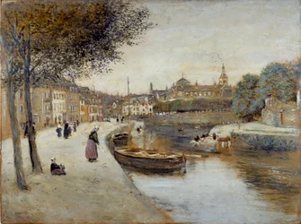 En kanal i Quimperle-maleri av Jean Francois Raffaelli (1850-1924), 1900-tallet. Le Havre Museum of Fine Arts