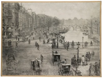 Paris, Place de Saint Michel med Quai des Grands Augustins og Pont Saint Michel i forgrunnen og Pont Neuf og Louvre i bakgrunnen, ca. 1900