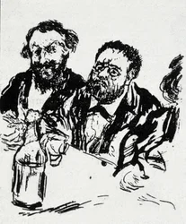 Maleren Edouard Manet (1832-1883) og forfatteren Emile Zola (1840-1902) ved bordet Karikatur av Jean Francois Raffaelli (1850-1924)
