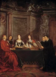 Samvittighetsrådet: Saint Vincent de Paul, leder av samvittighetsrådet som leser foran kardinal Jules Mazarin (Giulio Raimondo Mazzarino eller Mazarino) (1602-1661), Pierre Seguier (1588-1672), dronning Anne av Østerrike (1601-1666) ) og Ludvig XIV (1638