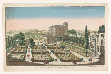 Utsikt over Giardini Vaticani i Vatikanstaten Le Belvedere du Vatican a Roma (tittel på objekt)