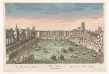 Utsikt over den bebygde Pont au Change over elven Seinen i Paris 84e. Vue d'optique-representant le Pont au Change i Paris (tittel på objekt)