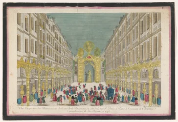 Utsikt over utsmykningen av Rue de la Feronnerie i Paris i anledning restaureringen av Louis XV, kongen av Frankrike, i 1745 Vue perspective des illuminations de la Ruë de la Feronnerie du côté de la Ruë St. Denis a Paris (...) (tittel på o