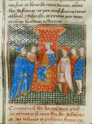 Den engelske kong Edward III på tronen sin, kledd i en tunika med engelske og franske emblemer, lytter til en tale av Robert av Artois …