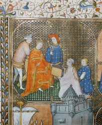 Historikeren Froissart på kne, kledd i presteklær, presenterer sine krøniker fra hundreårskrigen til Edvard III …