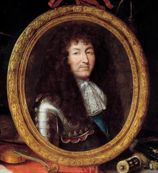 Portrett av Ludvig XIV, konge av Frankrike (1638-1715) Detalj. Maleri av Jean Garnier (1632-1705) 1600-tallet. Mål 1,74 x 2,23 m