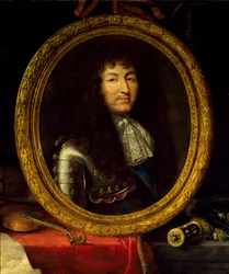 Portrett av Ludvig XIV, konge av Frankrike (1638-1715), beskytter av kunst og vitenskap Portrettet av kongen er omgitt av musikkinstrumenter (viola de gamba, fiolingitar) og vitenskapelige instrumenter (firkant, himmelglob, kompas). Detalj. Maler av