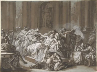 The Death of Seneca (penn og svart blekk, pensel og brun vask, forsterket med hvit gouache på blått papir)