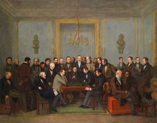 Episk sjakkkamp mellom Pierre Saint Amant og Howard Staunton i 1843) Peinture de Jean Henri Marlet (1771-1847) 1843 - Olje på lerret Dim 71x91,5 cm Privat samling