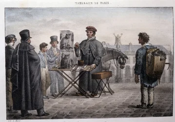 Tidligere gatemetier i Paris: rottedødshandleren (camelot). Gravering av Jean Henri Market (1771-1847) i "" Les Tableaux de Paris"", serie med 72 trykk, sent på 1800-tallet.